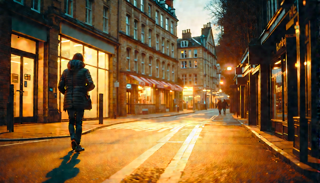 Person at a bright crossroads of paths, choosing a direction near storefronts