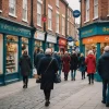 Busy UK high street in 2026 with digital signage and diverse shoppers