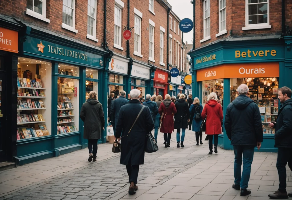 Busy UK high street in 2026 with digital signage and diverse shoppers