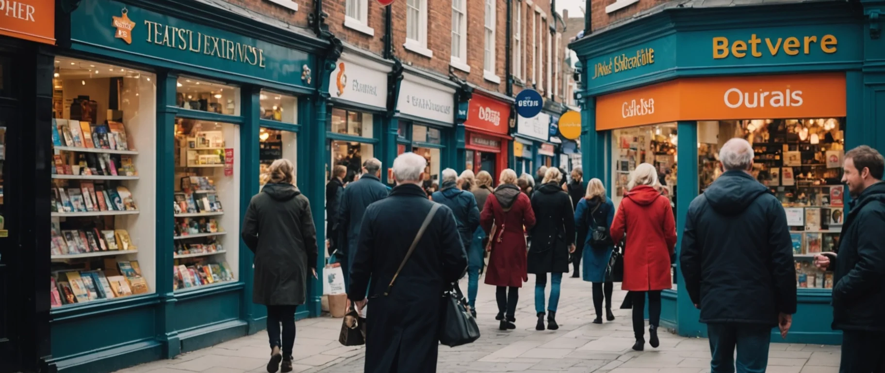 Busy UK high street in 2026 with digital signage and diverse shoppers