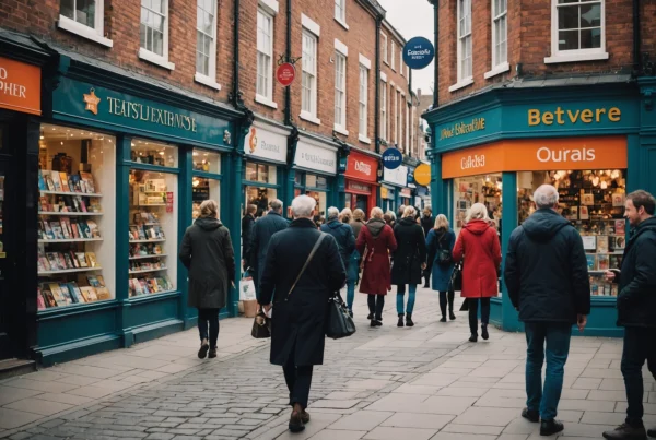 Busy UK high street in 2026 with digital signage and diverse shoppers