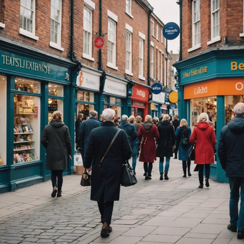 Busy UK high street in 2026 with digital signage and diverse shoppers