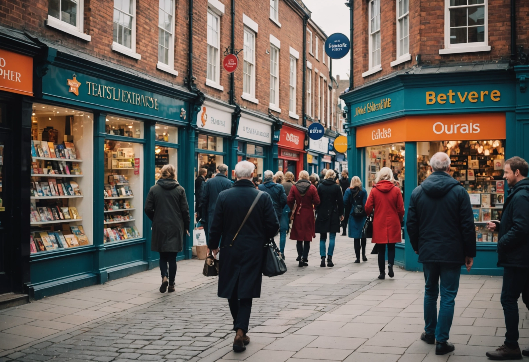 Busy UK high street in 2026 with digital signage and diverse shoppers