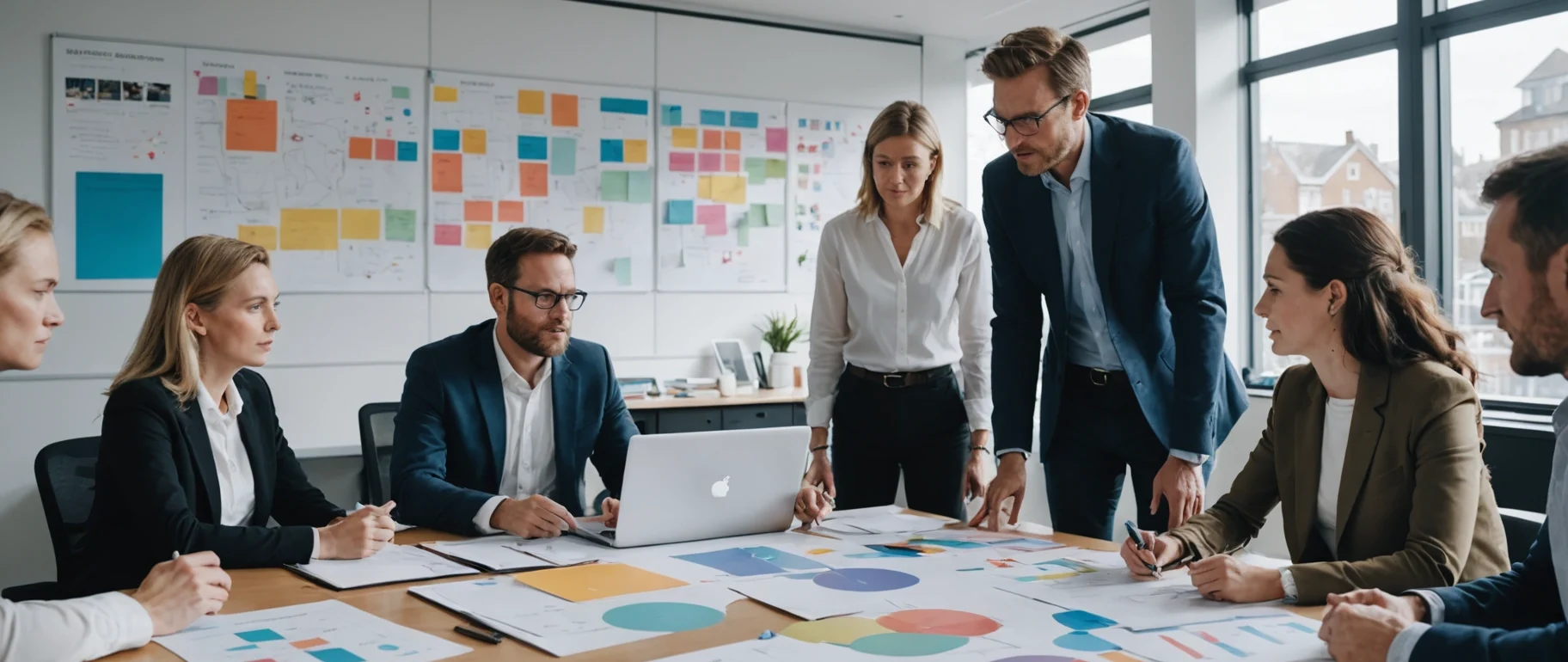 Photographic cinematic wide hero scene of a modern UK marketing strategy meeting in a bright glass-walled office