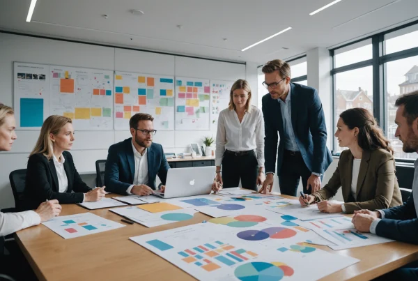 Photographic cinematic wide hero scene of a modern UK marketing strategy meeting in a bright glass-walled office