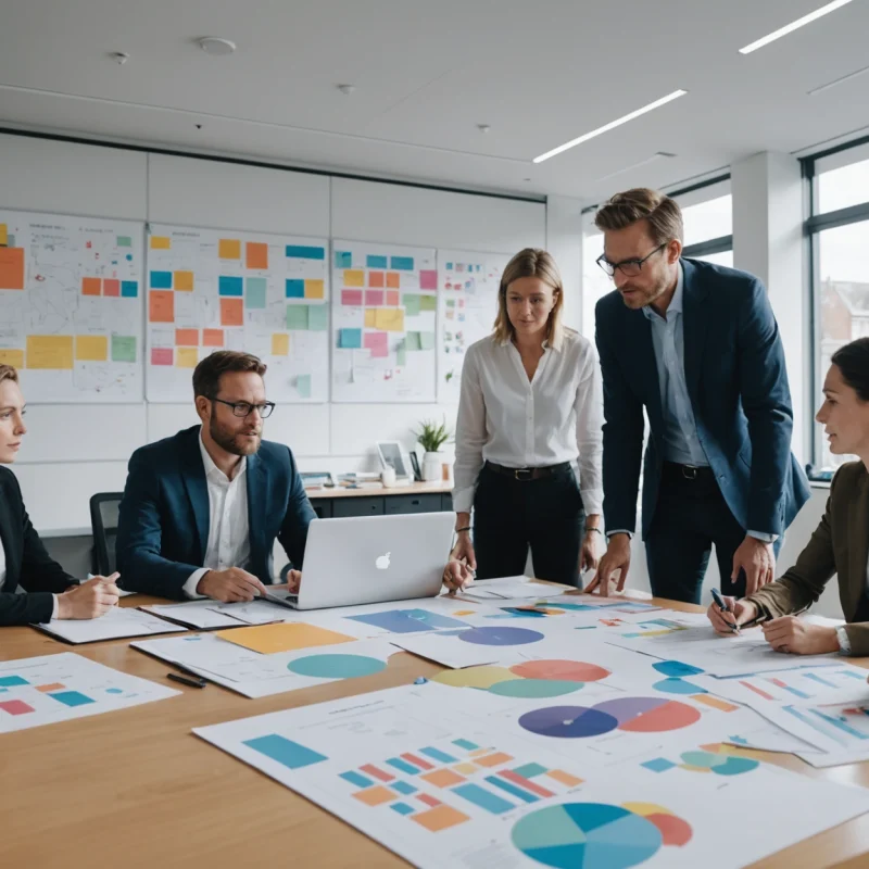 Photographic cinematic wide hero scene of a modern UK marketing strategy meeting in a bright glass-walled office