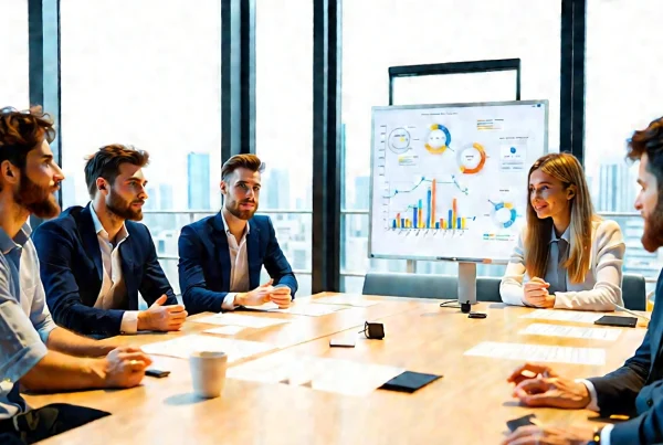 Photographic hero image of a diverse UK marketing and SEO team in a modern meeting space, gathered around a table with