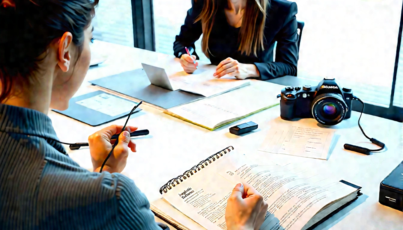 Content strategist reviewing media pitch materials in a realistic office workflow