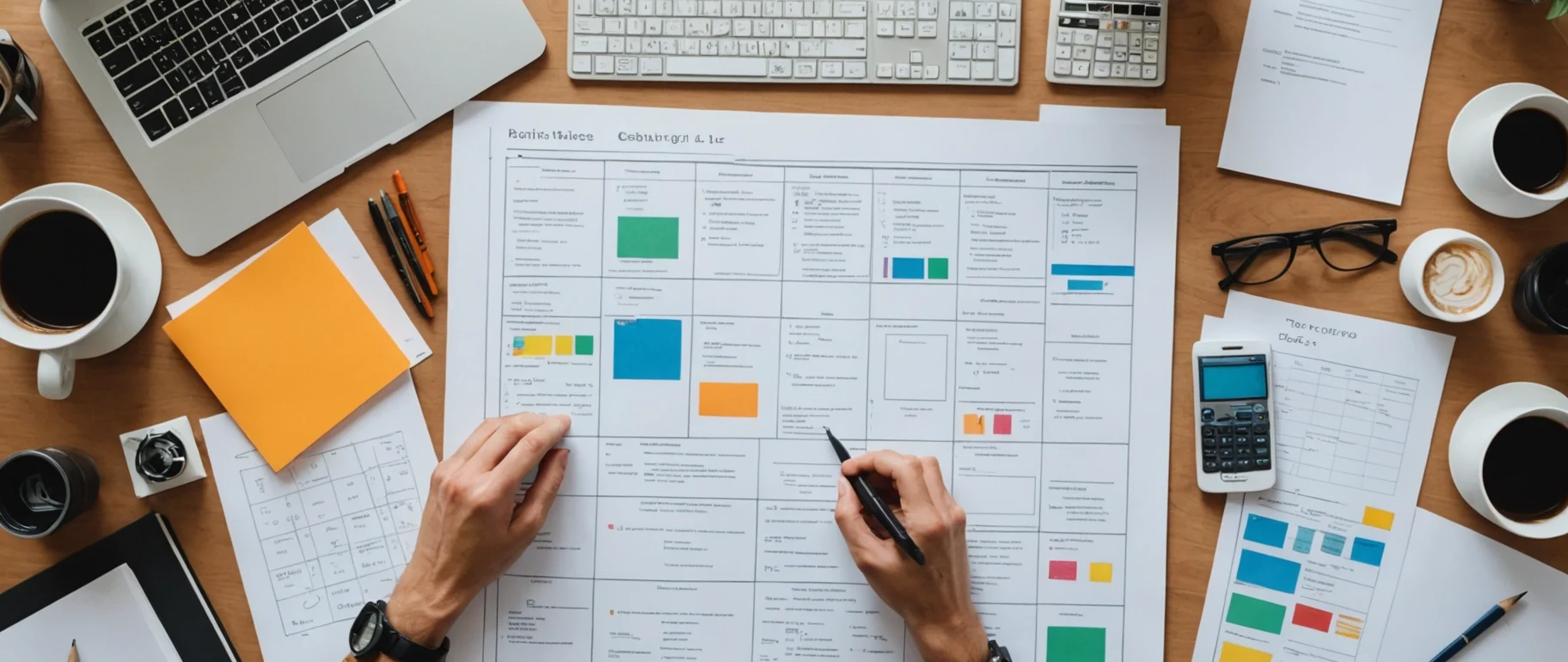 Photographic top-down flat-lay of a technical SEO planning workspace on a clean desk, with neatly arranged printed site
