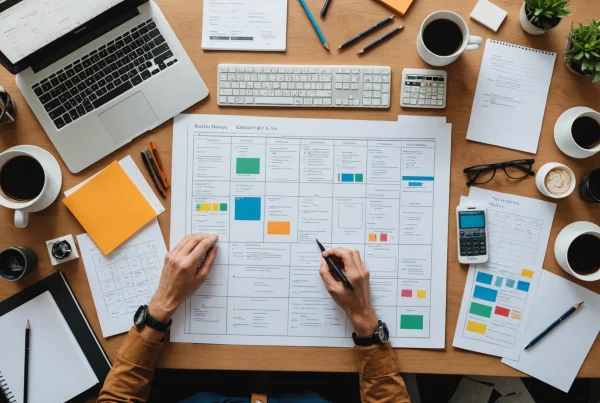 Photographic top-down flat-lay of a technical SEO planning workspace on a clean desk, with neatly arranged printed site