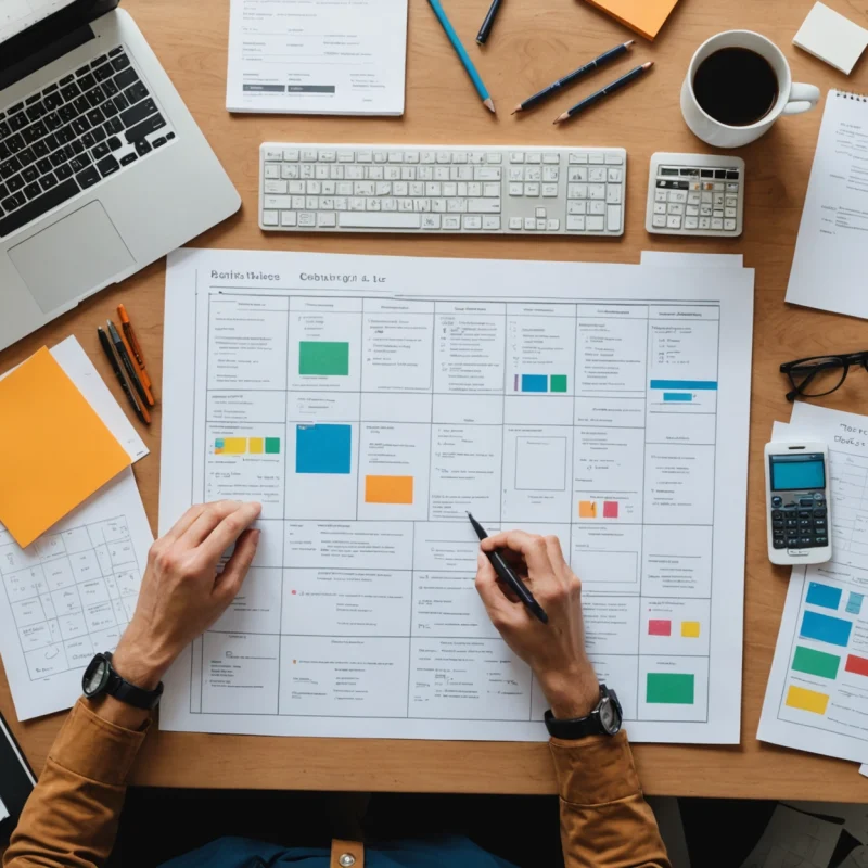Photographic top-down flat-lay of a technical SEO planning workspace on a clean desk, with neatly arranged printed site