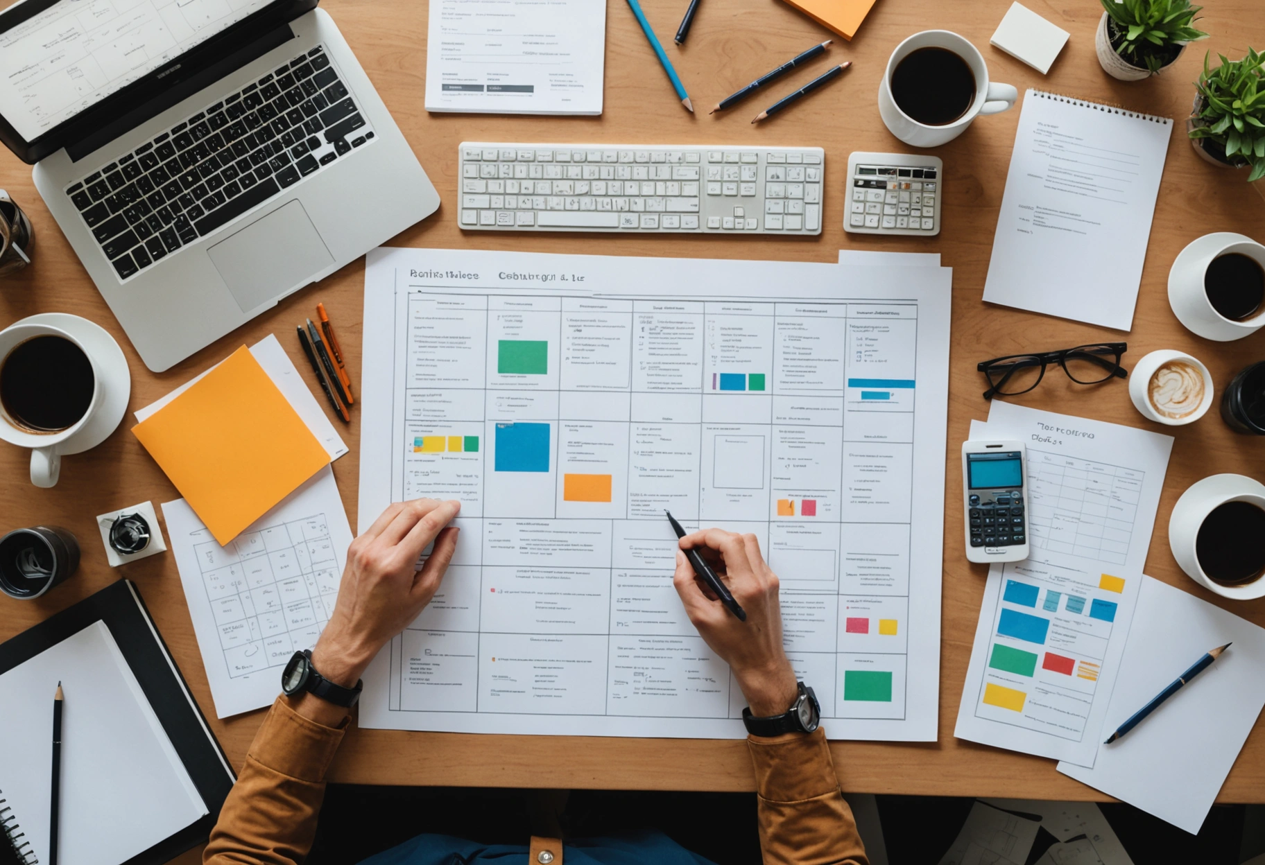 Photographic top-down flat-lay of a technical SEO planning workspace on a clean desk, with neatly arranged printed site