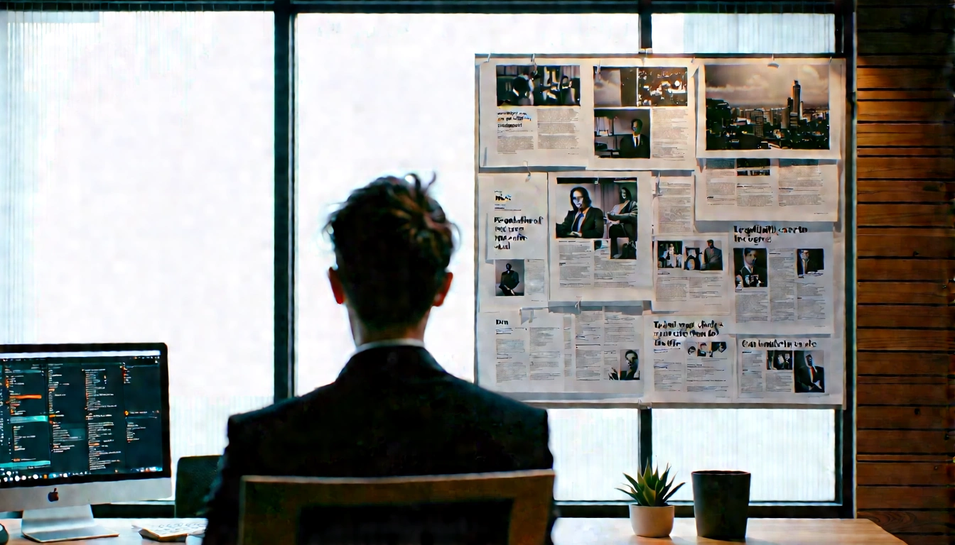 Brand team reviewing media mentions and reports on a wall board