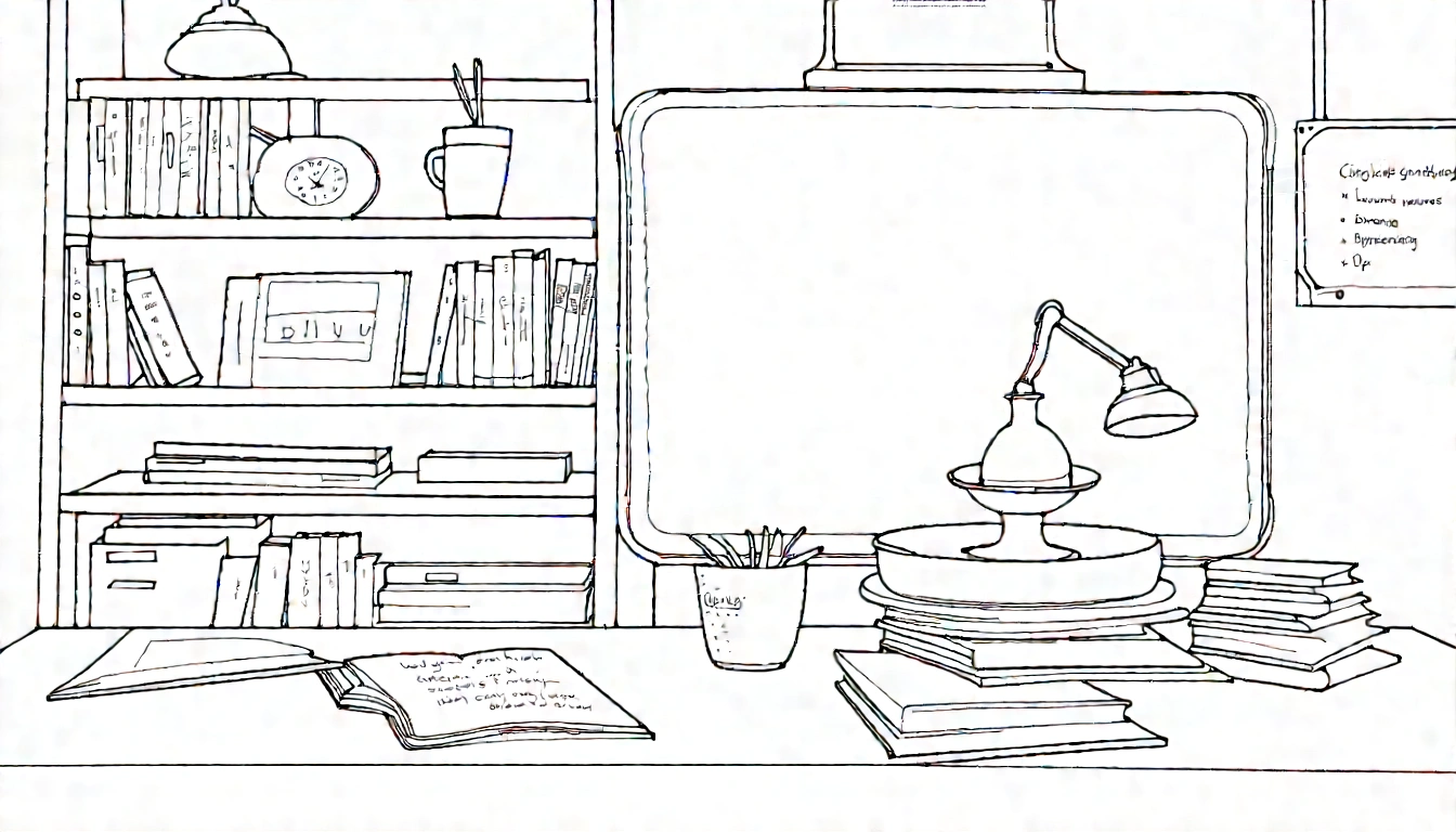 Line art workspace corner with notebooks, magnifying glass, pen, lamp, and shelves