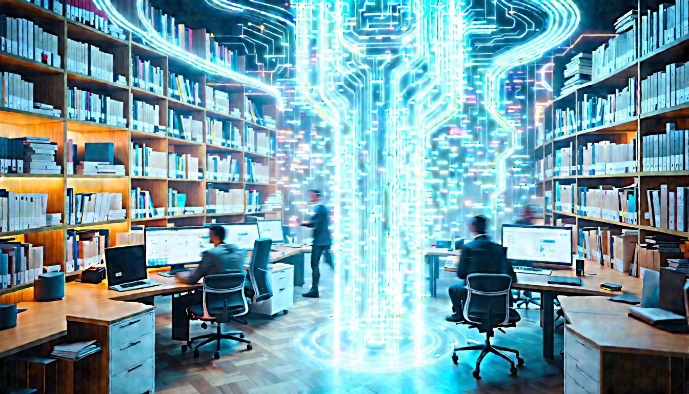 Office-library knowledge hub with branching content paths and focused workstations