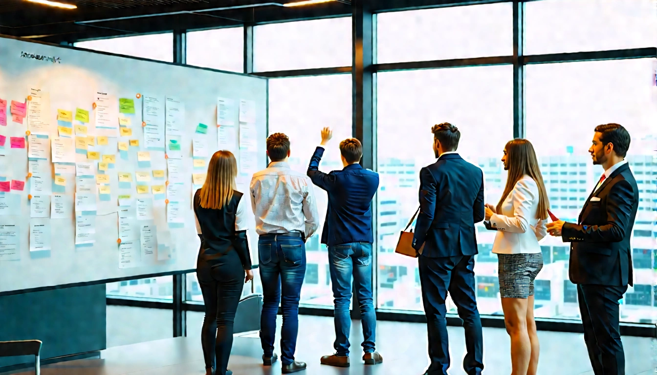Cross-functional UK team planning content strategy around a collaborative planning wall
