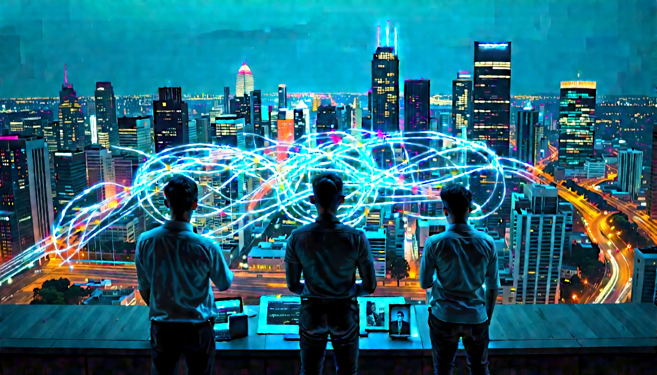 Business team overlooking glowing network of connected brand signals