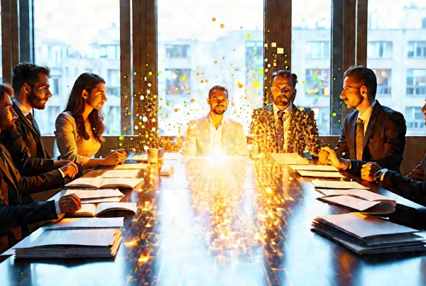 Diverse team around evidence filled table in sunlit