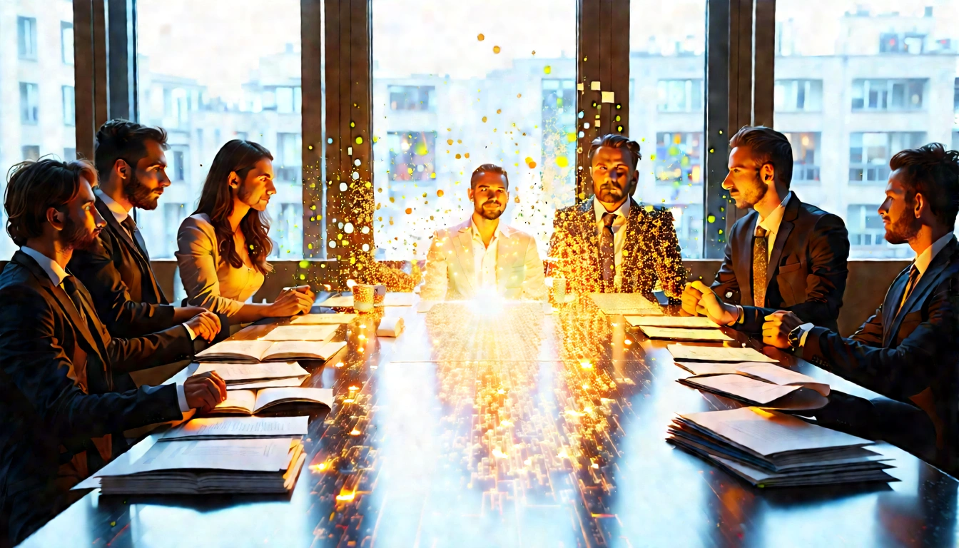 Diverse team around evidence filled table in sunlit