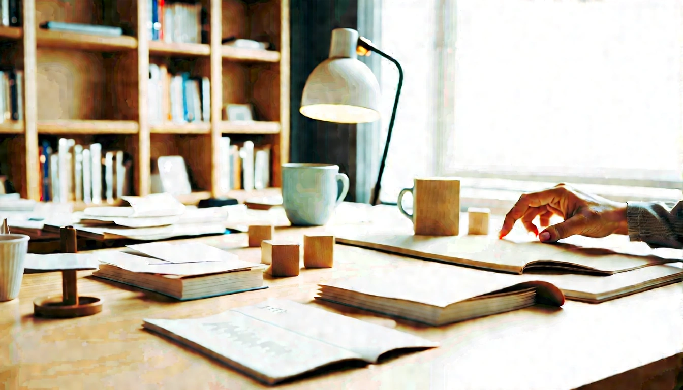 Thoughtful SEO workspace with modular content cards, notebooks, lamp, and hand arranging chunks