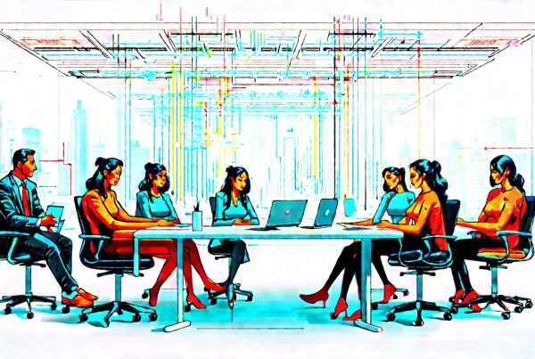 Conceptual commercial hero image for 2026 AI search evolution a diverse team of business professionals in a sleek