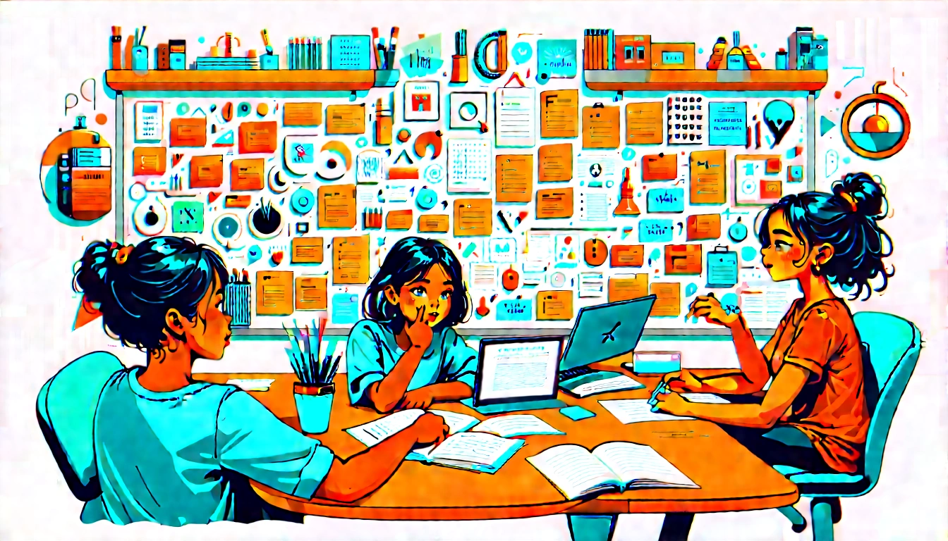 UK marketing team discussing topic clusters and brand co-occurrence around tabletop workspace
