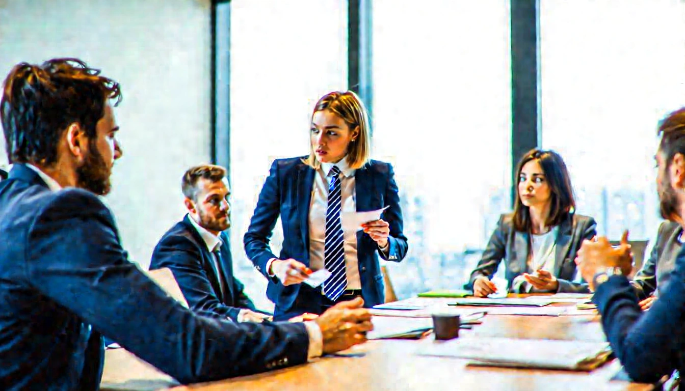 Business team reviews printed strategy notes in a bright meeting room