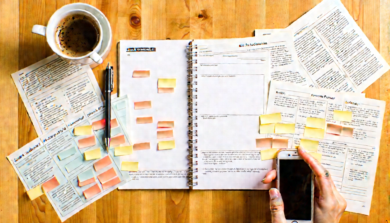 Top-down planning workspace with notes, article summaries, and outreach materials
