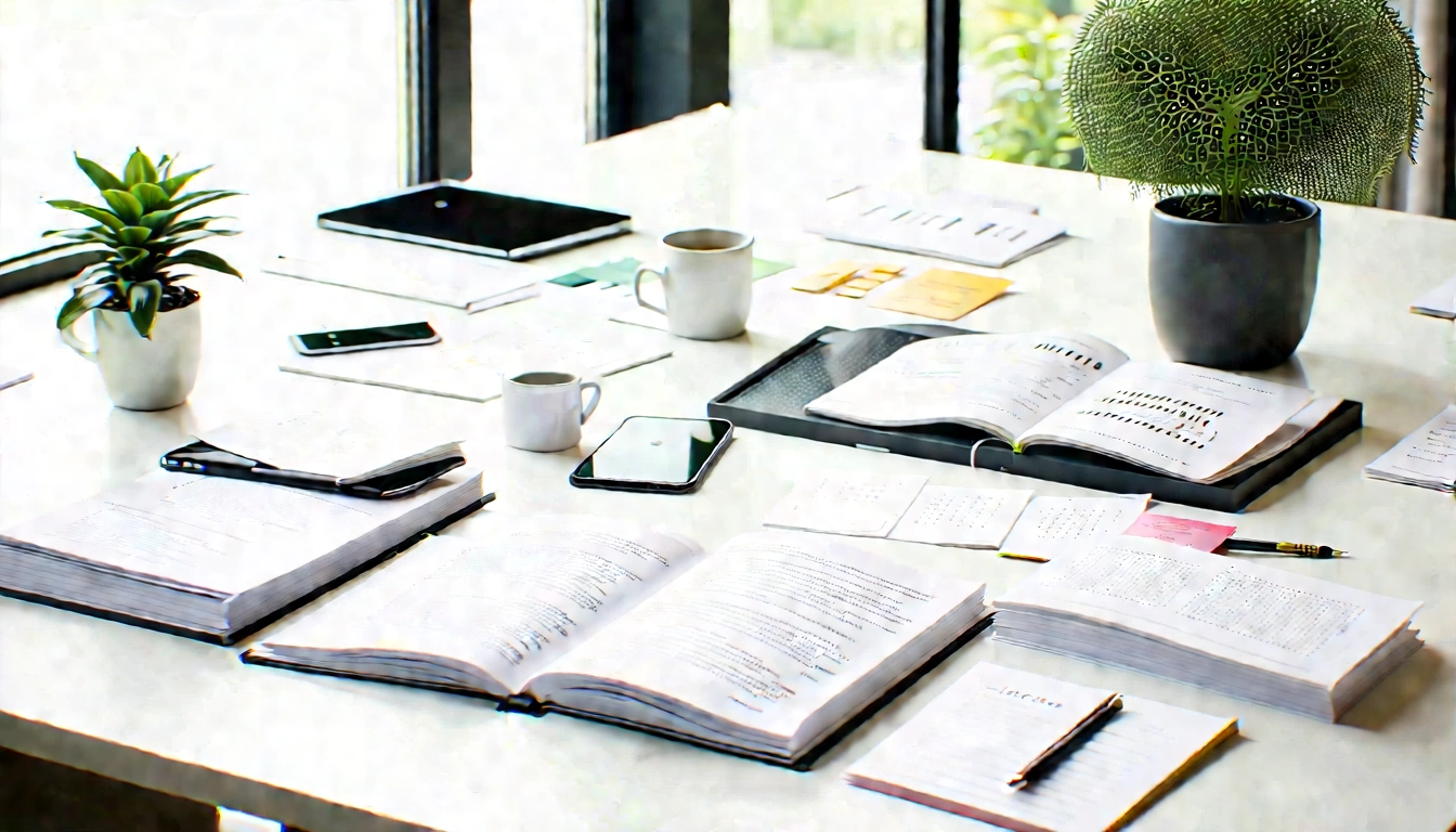 Organized editorial desk with briefs, proofs, notes, and current updates