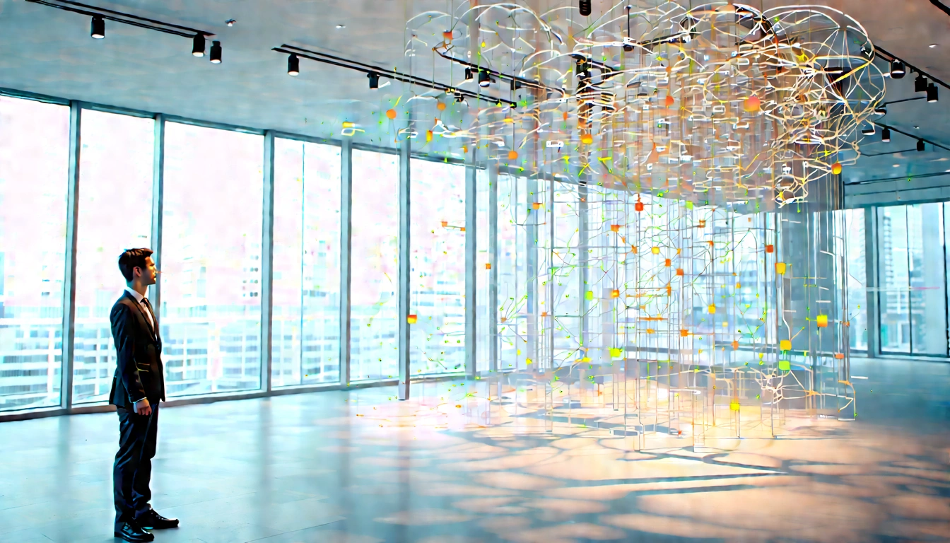 Translucent brand forms connected by light as strategist studies knowledge links