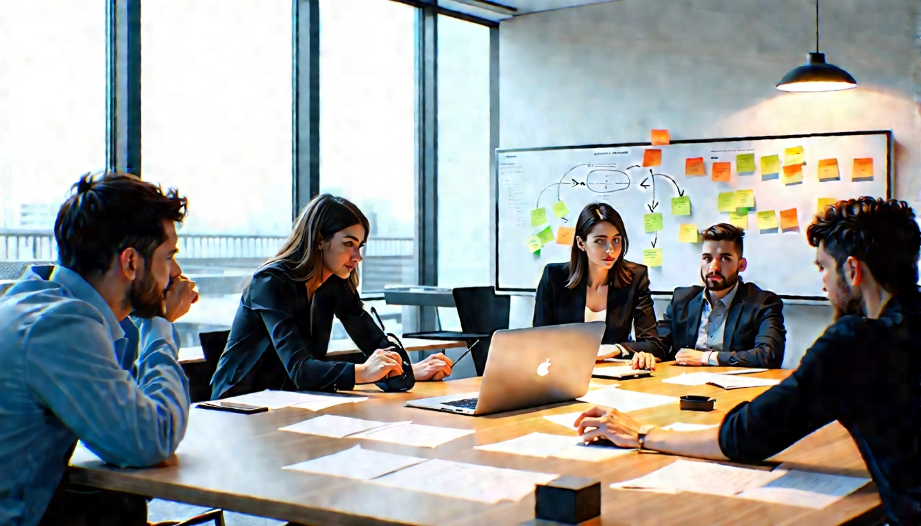Photographic hero image of a modern UK agency workspace from a slightly elevated wide shot, with a diverse small team
