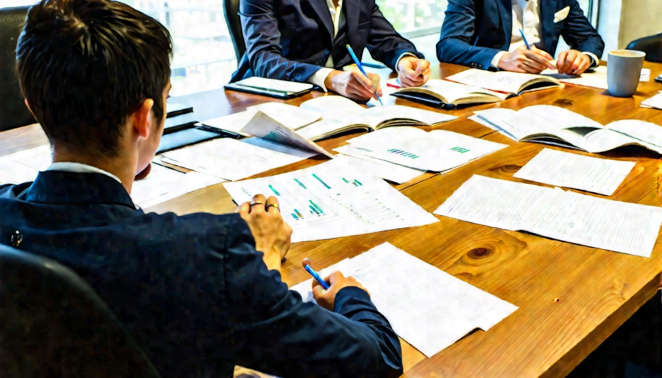 Marketers analyzing reputation notes and campaign evidence around a wooden table