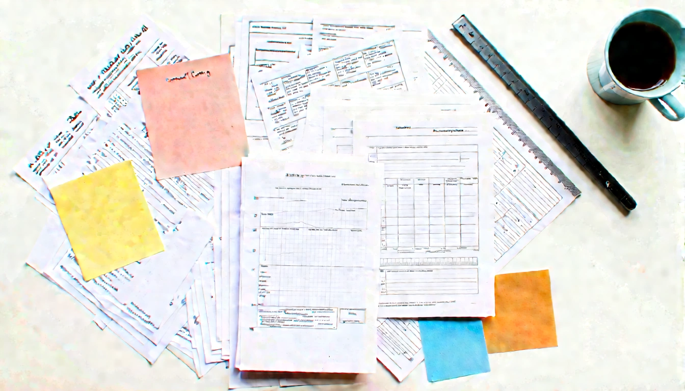 Top-down desk with briefings, notes, sticky notes, coffee, and research clippings