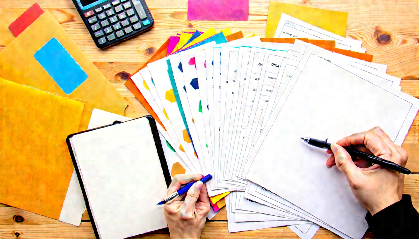 Top-down UK business planning desk with audit notes, cards, and prioritization grid
