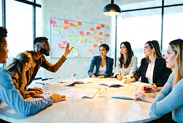 Marketing team collaborating around strategy notes