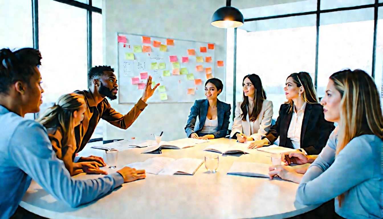 Marketing team collaborating around strategy notes