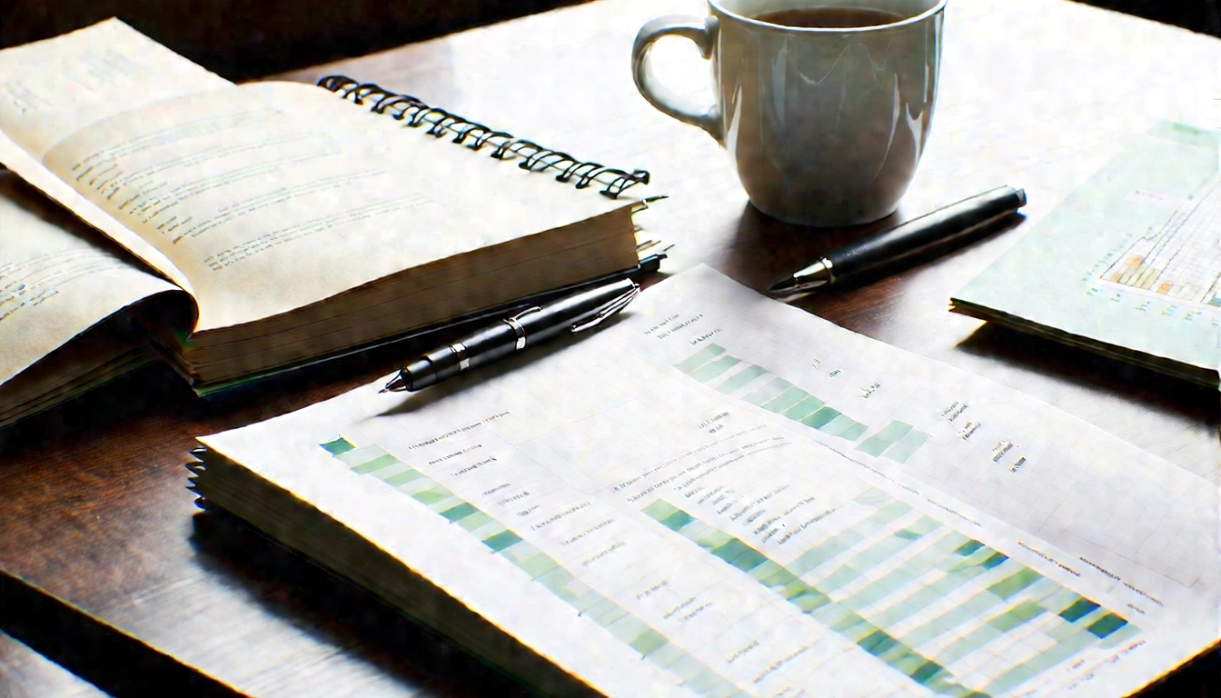 Desk with research materials, charts, notebook, and handbook showing careful content review