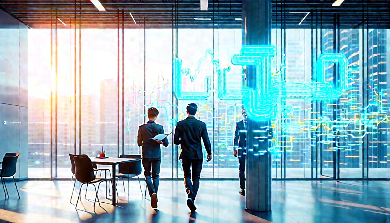 Team walking through modern office toward luminous search signal projection
