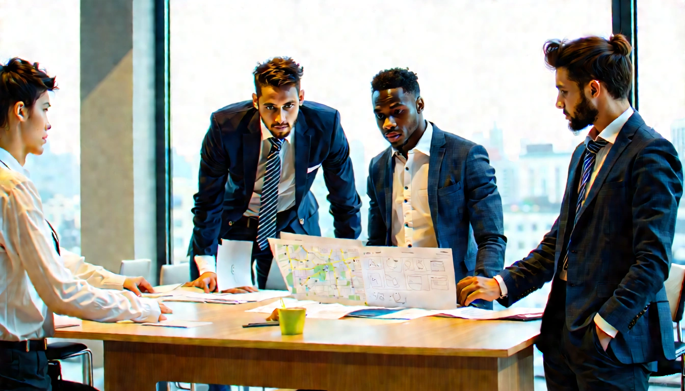 Cinematic hero image of a small team of UK SEO consultants and a Newcastle business owner collaborating around