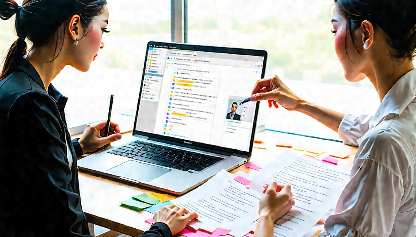 Content strategist and copy editor reviewing drafts in a modern workspace