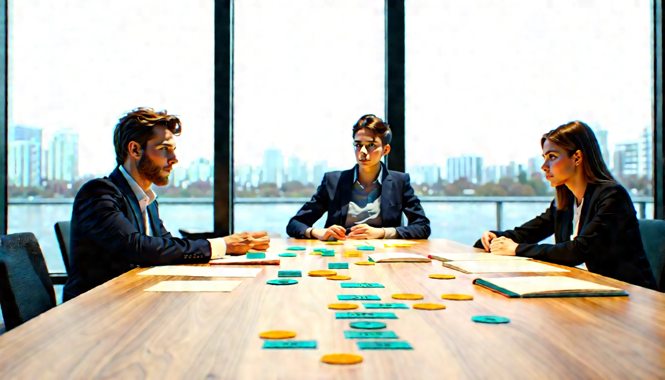 SEO strategists map topical connections with cards around a timber table