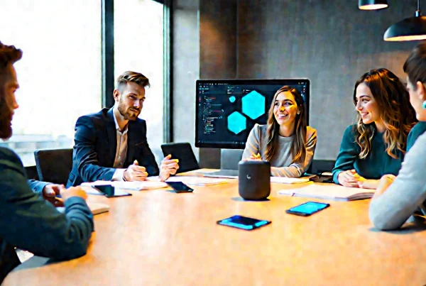 Diverse digital strategy team collaborating around a modern studio table