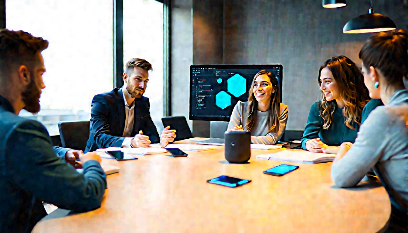 Diverse digital strategy team collaborating around a modern studio table