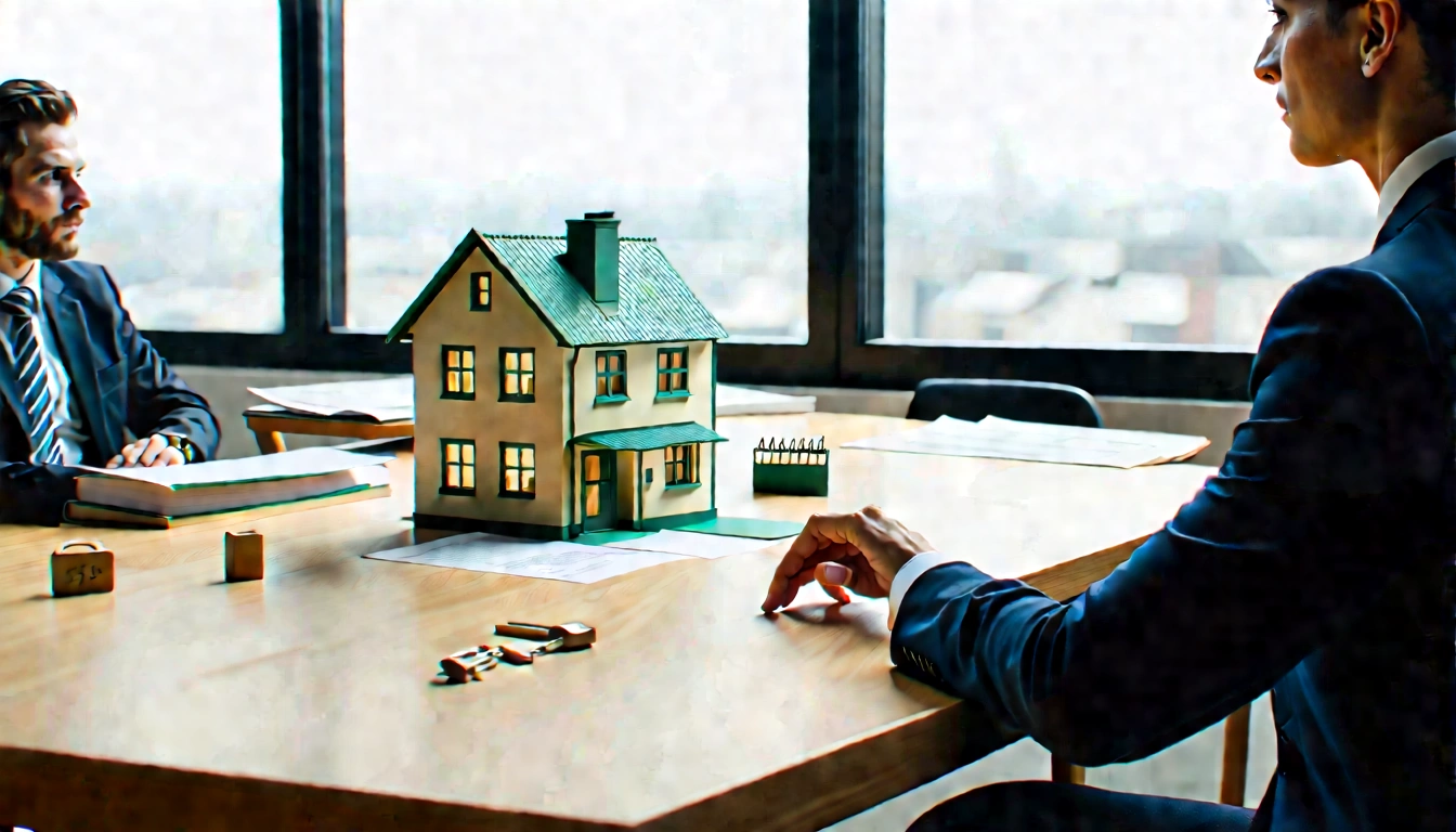Mortgage adviser guides homebuyer through connected considerations around a house model